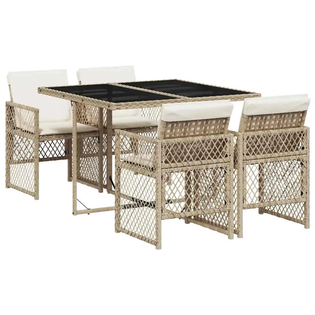 Outdoor Furniture 5 Piece Garden Dining Set with Beige Cushions and Tempered Glass Top