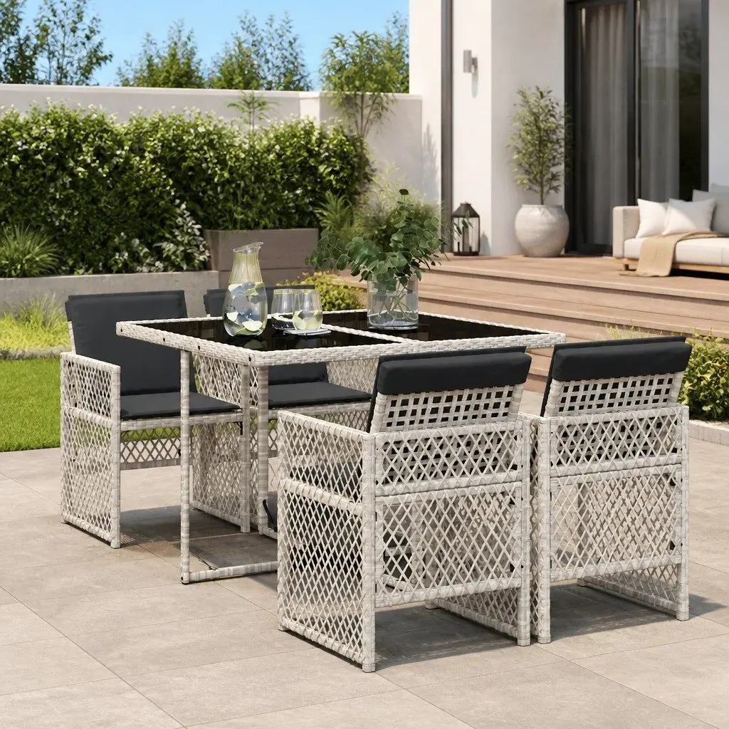 Garden Dining Set Grey Poly Rattan Cushioned 5 Piece