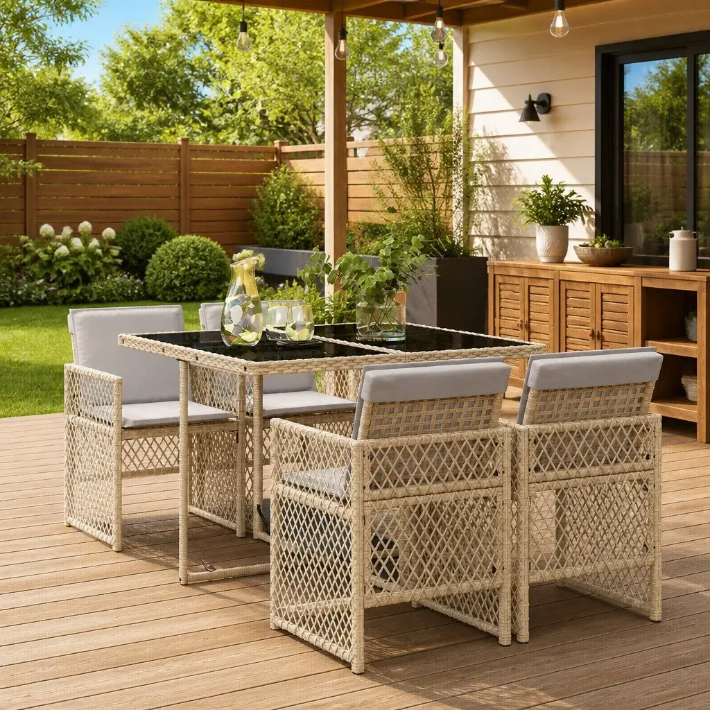 Garden Dining Set 5 Piece Beige Poly Rattan Glass Table Chairs