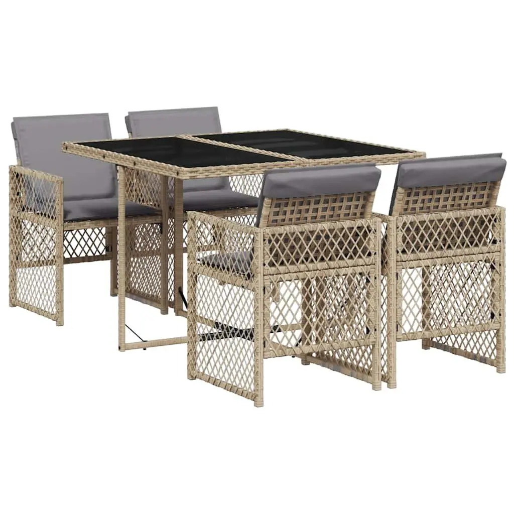 Garden Dining Set 5 Piece Beige Poly Rattan Glass Table Chairs