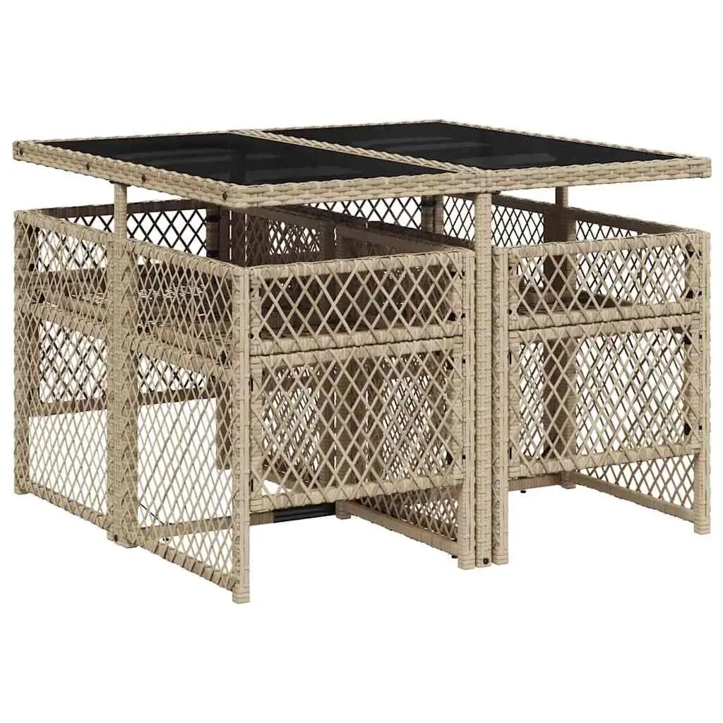 Garden Dining Set 5 Piece Beige Poly Rattan Glass Table Chairs