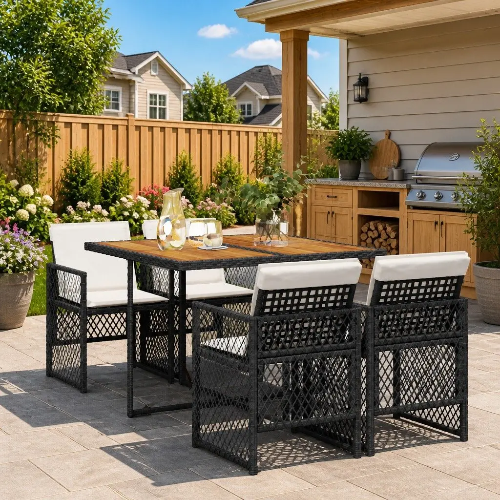 Outdoor Dining Set 5 Piece Black Poly Rattan Garden Furniture with Acacia Wood Table and Folding Chairs