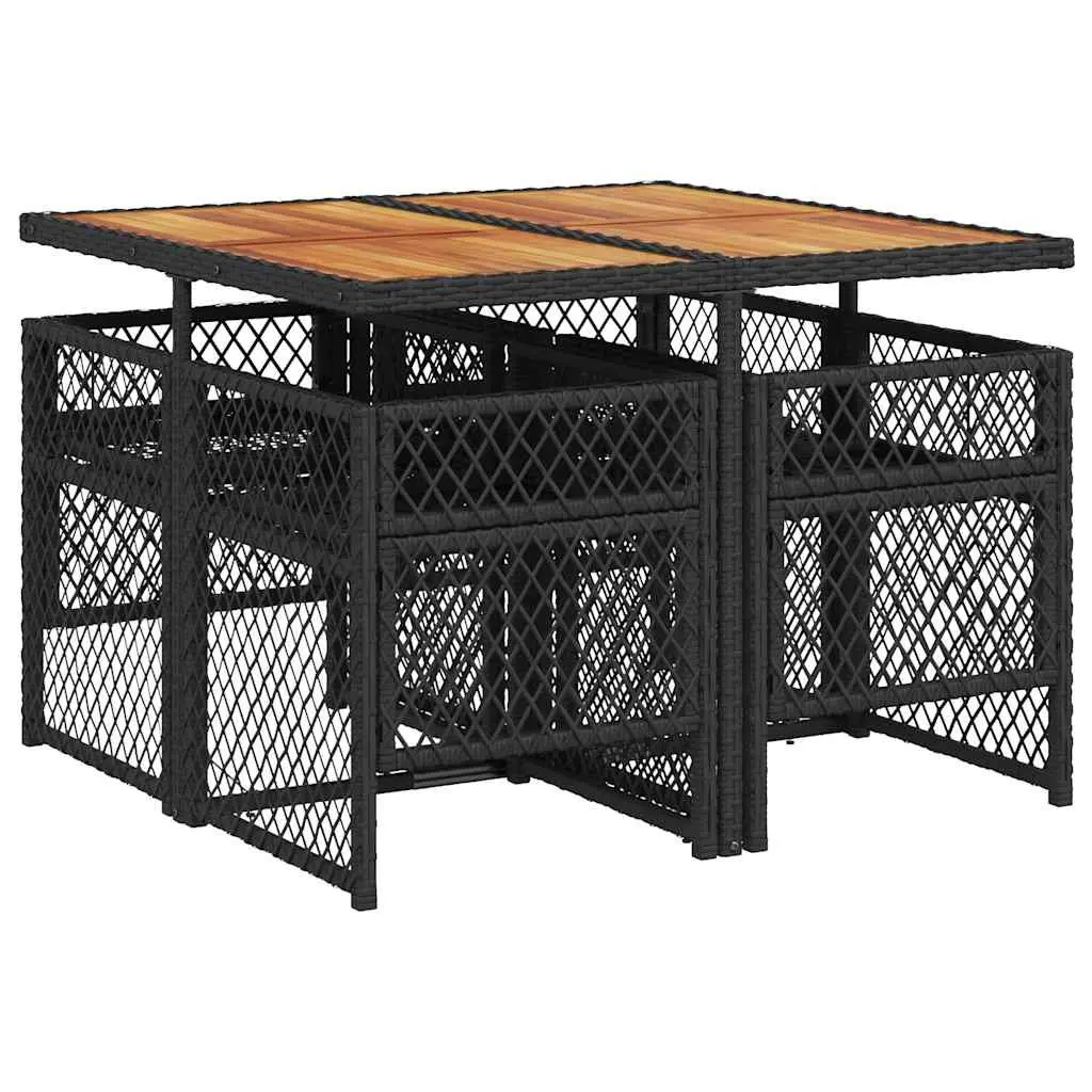 Outdoor Dining Set 5 Piece Black Poly Rattan Garden Furniture with Acacia Wood Table and Folding Chairs