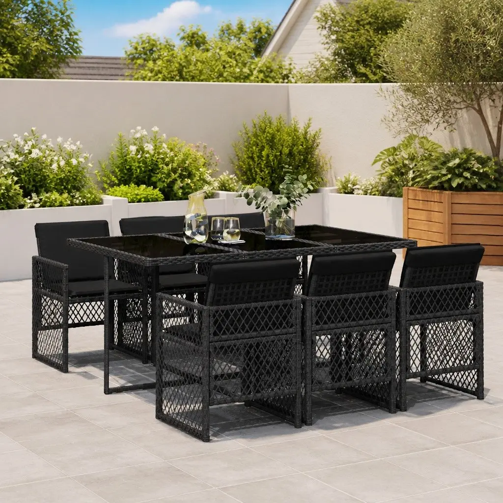 Outdoor Garden Dining Set Black Poly Rattan 7 Piece Table Chairs with Cushions