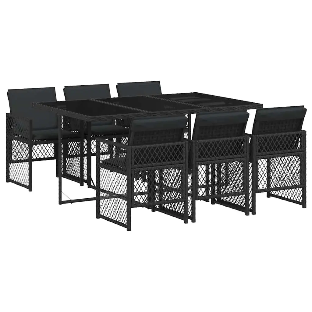Outdoor Garden Dining Set Black Poly Rattan 7 Piece Table Chairs with Cushions