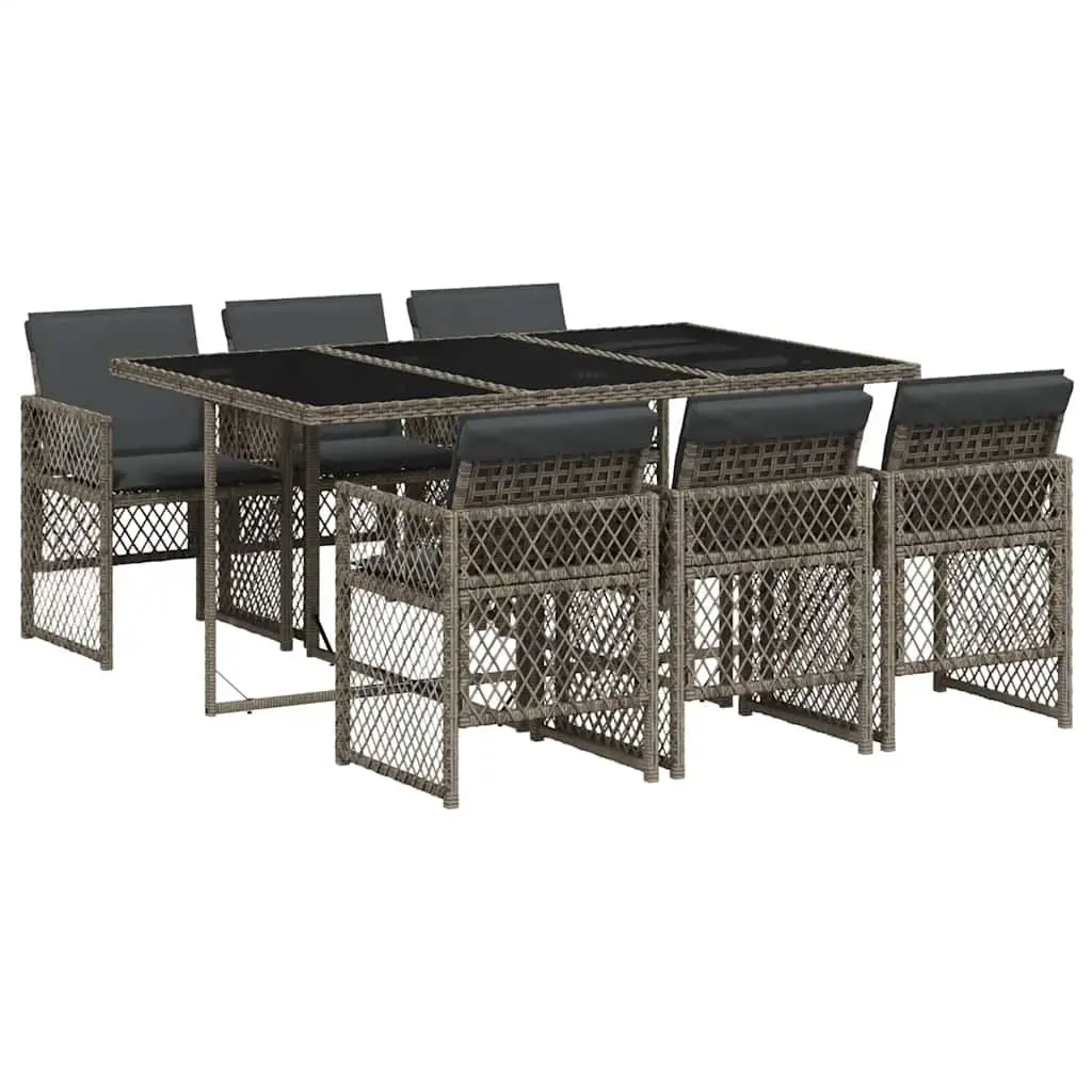 7 Piece Grey Outdoor Dining Set Poly Rattan Furniture with Tempered Glass Table and Foldable Chairs