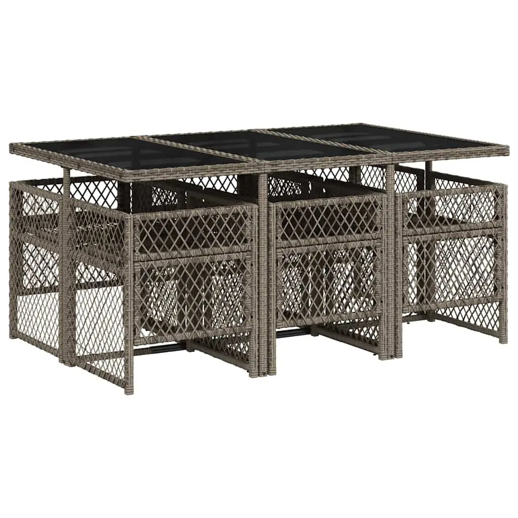 7 Piece Grey Outdoor Dining Set Poly Rattan Furniture with Tempered Glass Table and Foldable Chairs