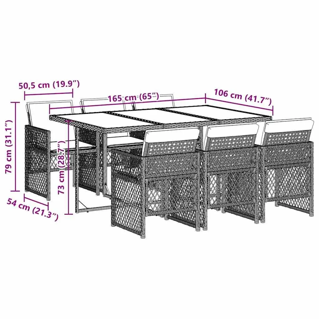 7 Piece Grey Outdoor Dining Set Poly Rattan Furniture with Tempered Glass Table and Foldable Chairs