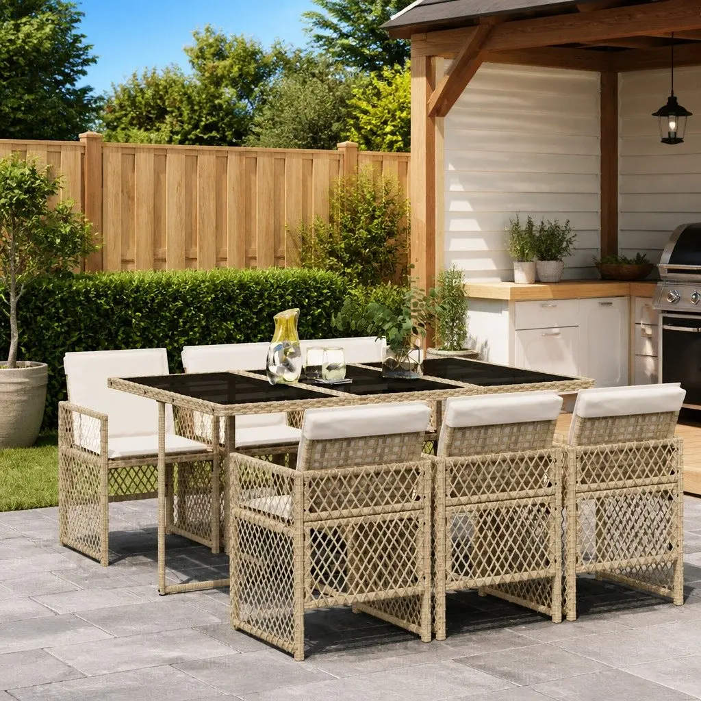7 Piece Garden Dining Set Outdoor Furniture Beige Poly Rattan with Cushions