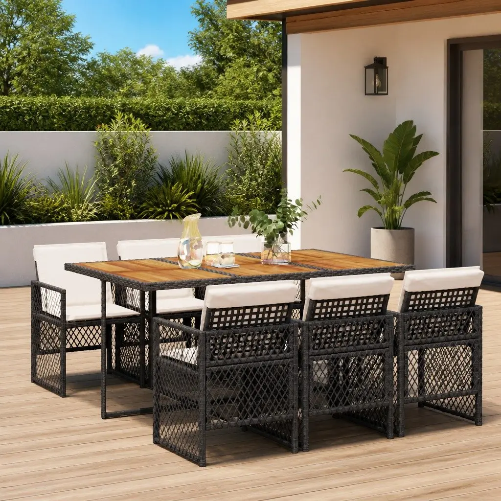 Outdoor Dining Set 7 Piece Black Poly Rattan Table Acacia Wood Top Folding Chairs