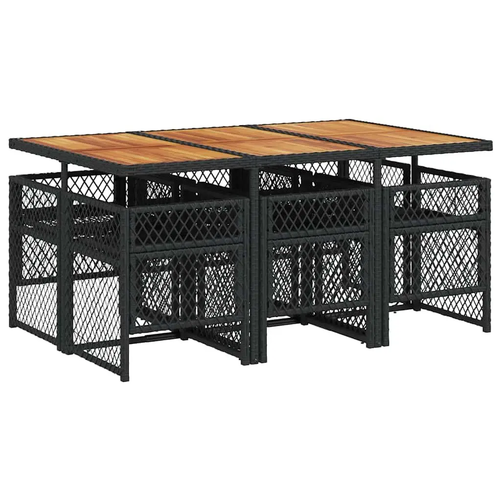 Outdoor Dining Set 7 Piece Black Poly Rattan Table Acacia Wood Top Folding Chairs