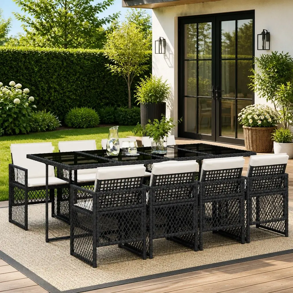 Outdoor Dining Set 9 Piece Black Poly Rattan Cushions Patio Garden Furniture