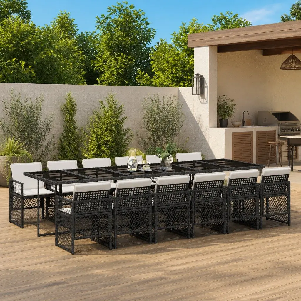 Outdoor Dining Set 13 Piece Black Poly Rattan Chairs and Table with Tempered Glass Top