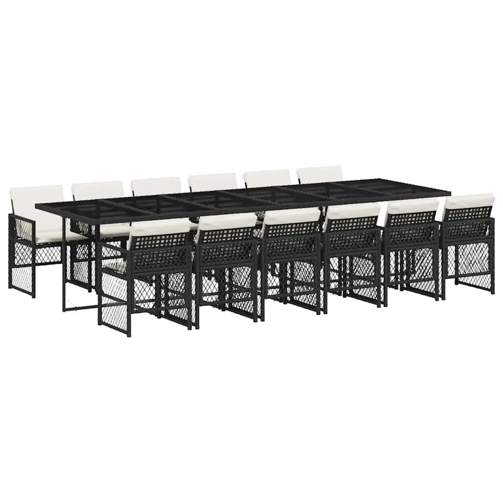 Outdoor Dining Set 13 Piece Black Poly Rattan Chairs and Table with Tempered Glass Top
