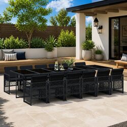Outdoor Garden Dining Set 13 Piece Black Poly Rattan Table Chairs Cushions Patio