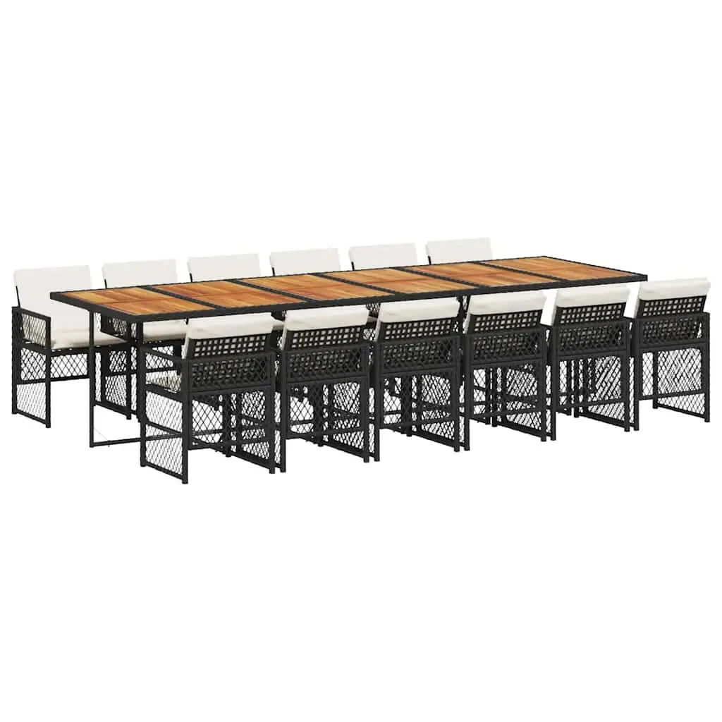 Outdoor Furniture Set 13 Piece Black Poly Rattan Acacia Wood Table and Chairs with Cushions
