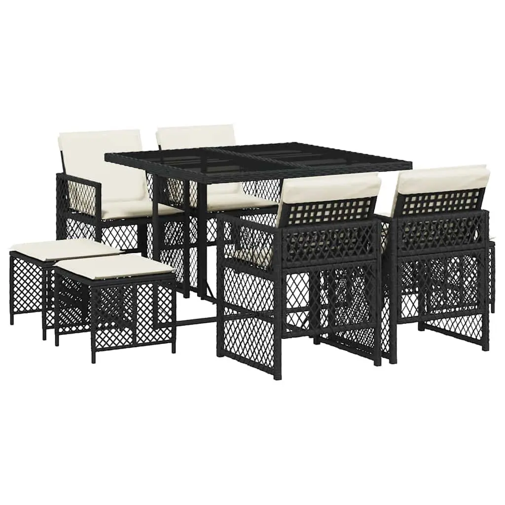 Outdoor Dining Set 9 Piece Black Poly Rattan Cushions Table