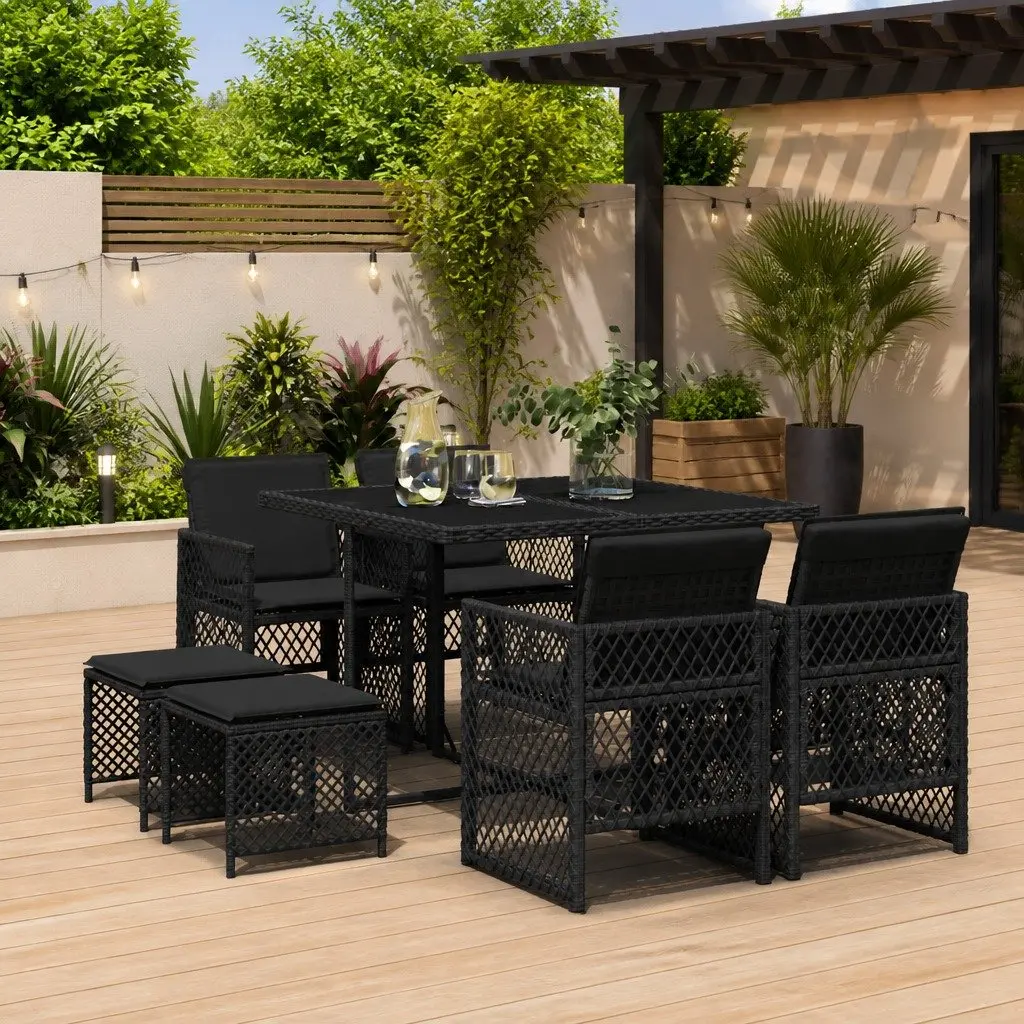 Outdoor Dining Set 9 Piece Garden Furniture Black Poly Rattan Cushioned Patio
