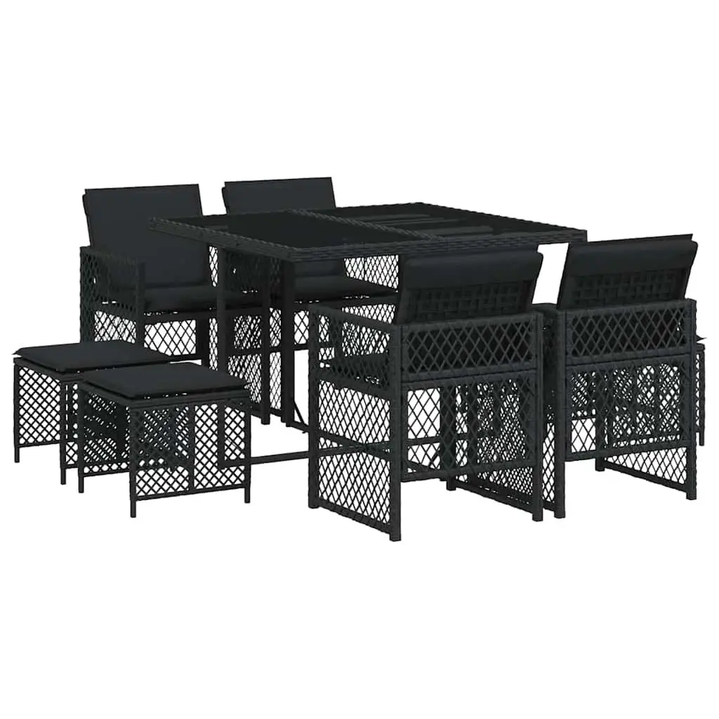 Outdoor Dining Set 9 Piece Garden Furniture Black Poly Rattan Cushioned Patio