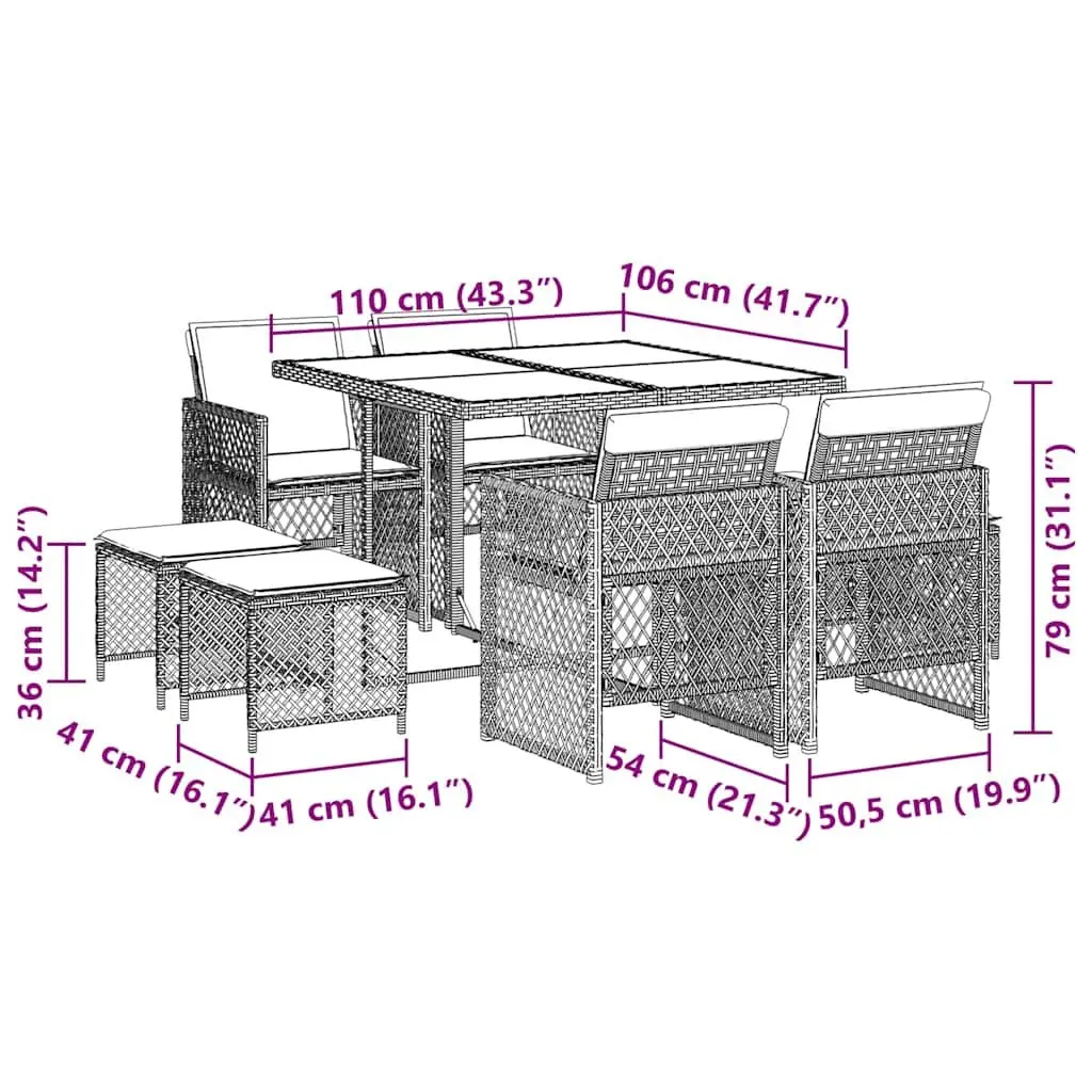 Outdoor Dining Set 9 Piece Garden Furniture Black Poly Rattan Cushioned Patio
