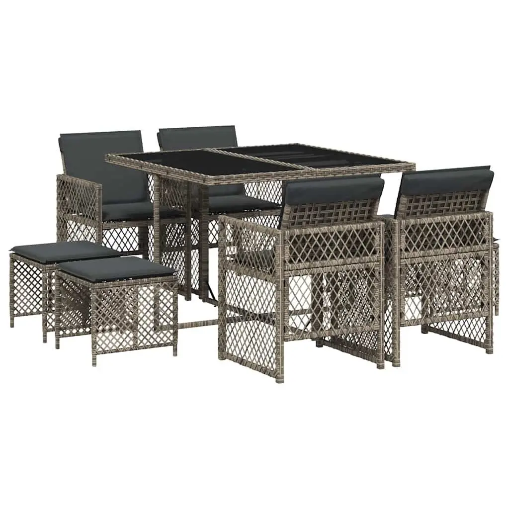 Garden Dining Set 9 Piece Grey Poly Rattan Outdoor Furniture with Cushions