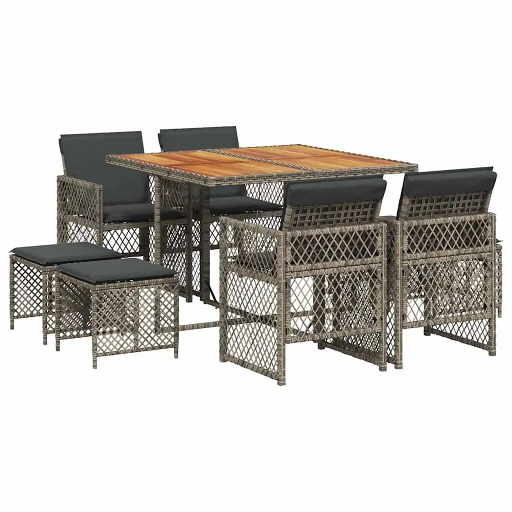 Garden Dining Set 9 Piece Outdoor Furniture Grey Poly Rattan Table Acacia Wood Top with Padded Cushions