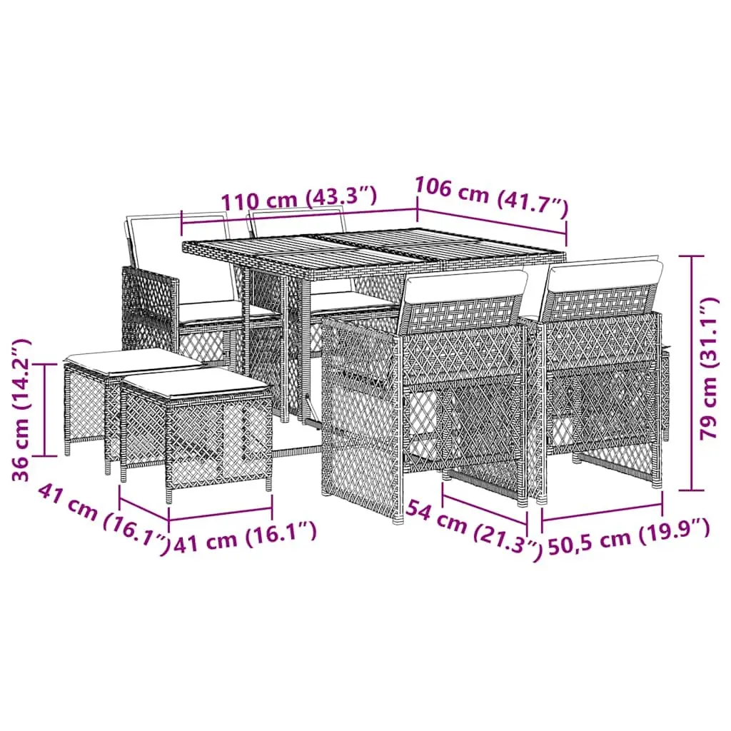Garden Dining Set 9 Piece Outdoor Furniture Grey Poly Rattan Table Acacia Wood Top with Padded Cushions