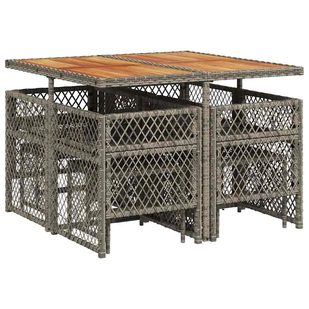 Garden Dining Set 9 Piece Outdoor Furniture Grey Poly Rattan Table Acacia Wood Top with Padded Cushions