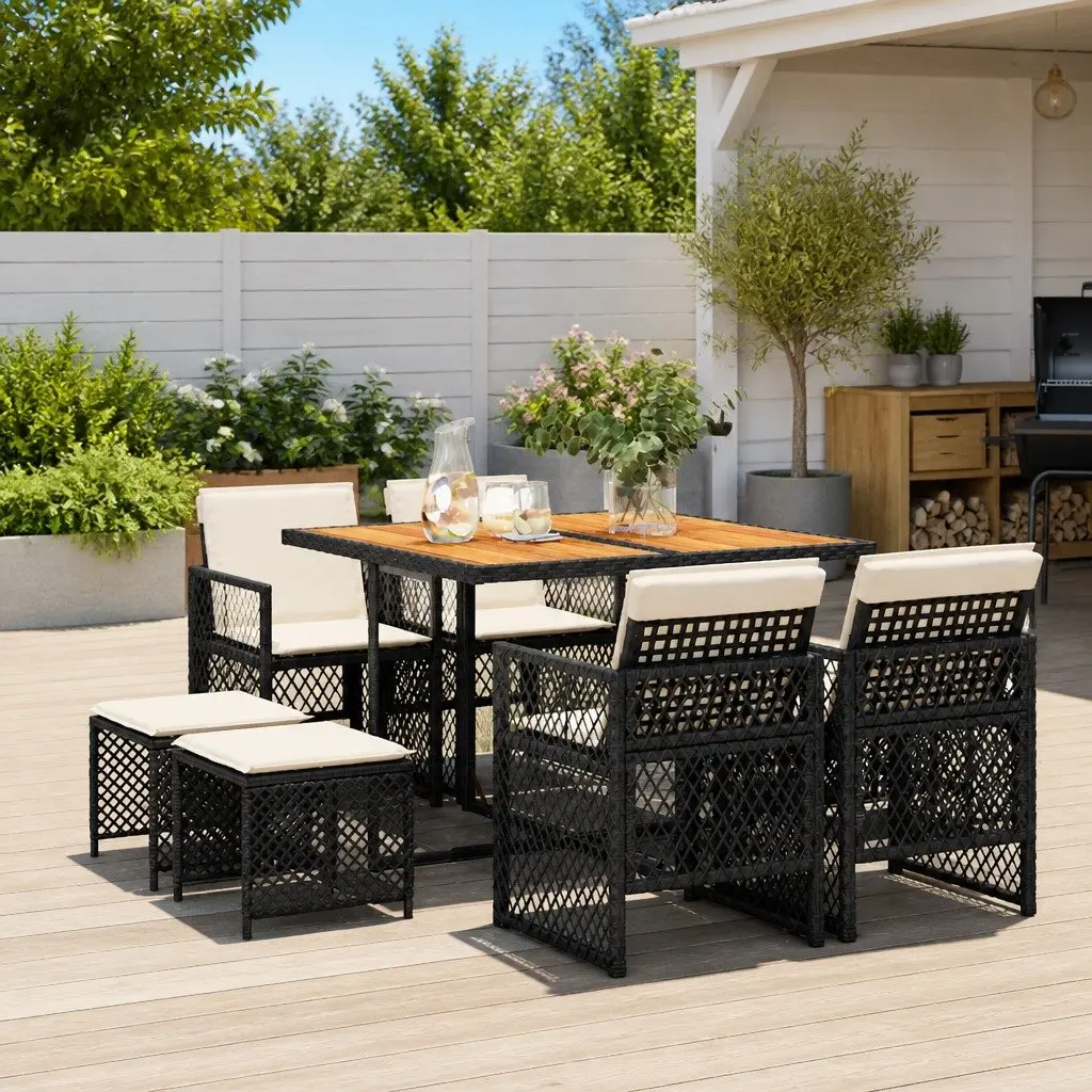 Outdoor Dining Set 9 Piece Black PE Rattan Chairs Acacia Wood Table