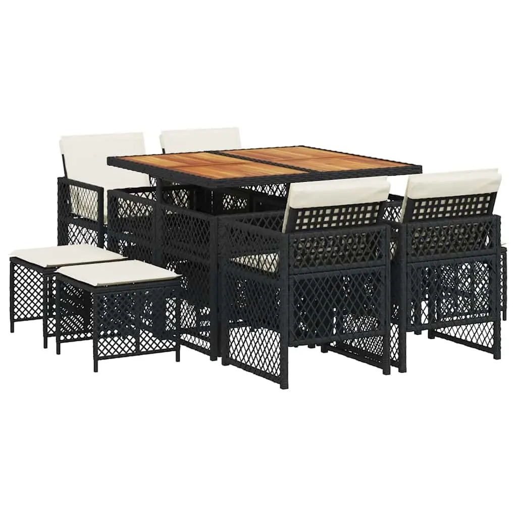 Outdoor Dining Set 9 Piece Black PE Rattan Chairs Acacia Wood Table