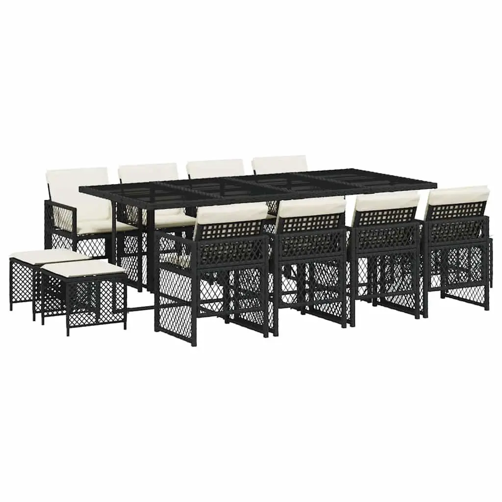 Outdoor Garden Dining Set 13 Piece Black Poly Rattan with Cushions