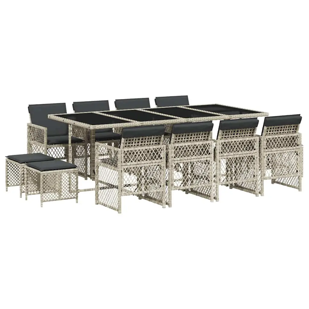 Garden Dining Set 13 Piece Grey Poly Rattan Outdoor Furniture with Tempered Glass Table and Thickly Padded Cushions