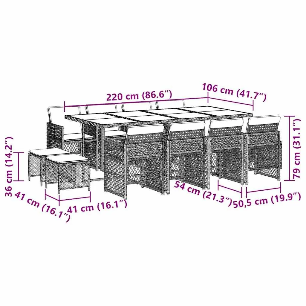 Garden Dining Set 13 Piece Grey Poly Rattan Outdoor Furniture with Tempered Glass Table and Thickly Padded Cushions