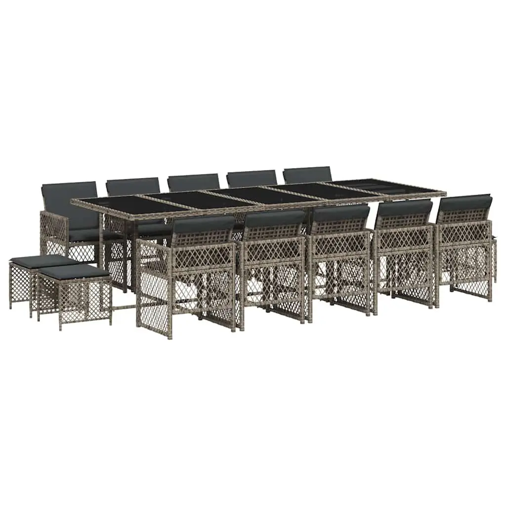 Patio Furniture Set 15 Piece Grey Poly Rattan Dining Table Chairs Cushions