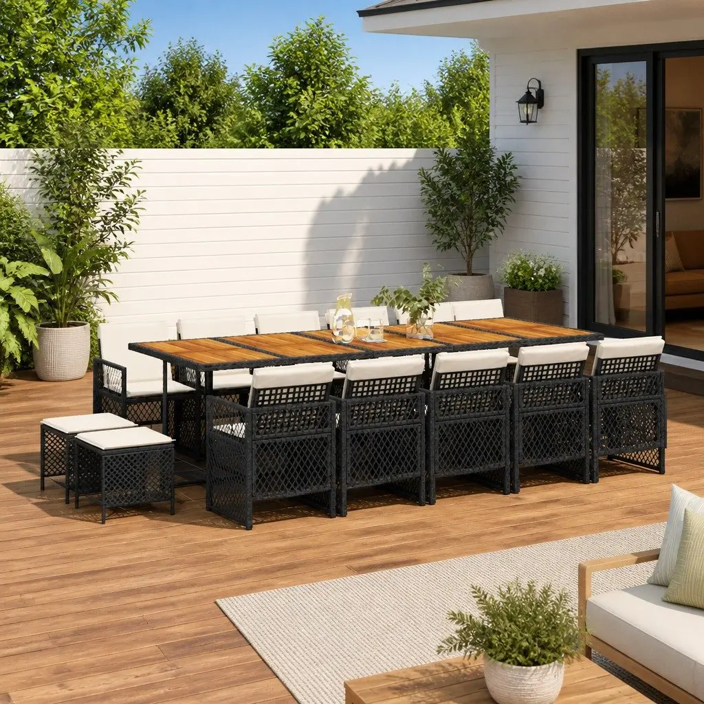 Outdoor Garden Dining Set 15 Piece Black Poly Rattan Table Chairs Cushions Patio