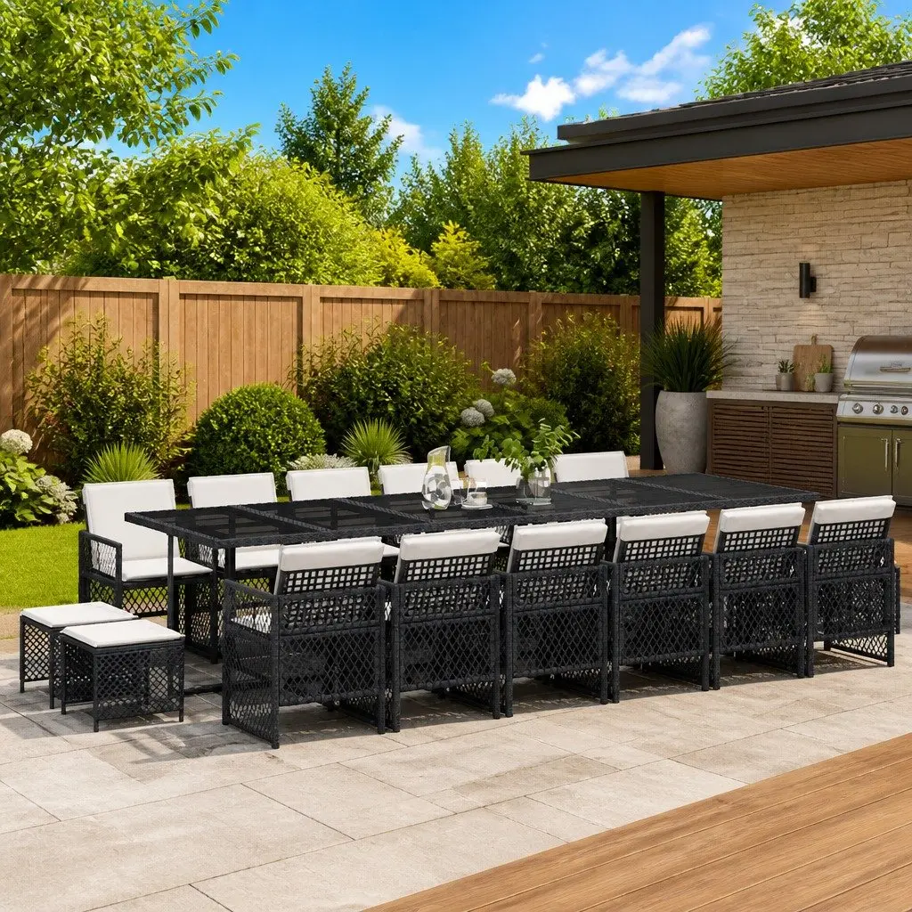 Garden Dining Set 17 Piece Black Poly Rattan Outdoor Furniture with Cushions
