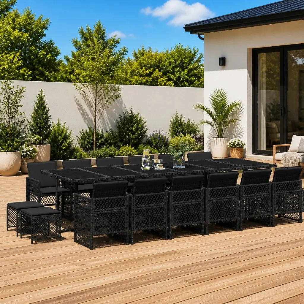 Outdoor Garden Dining Set 17 Piece Black PE Rattan Patio Furniture with Tempered Glass Tabletop and Padded Seat Cushions
