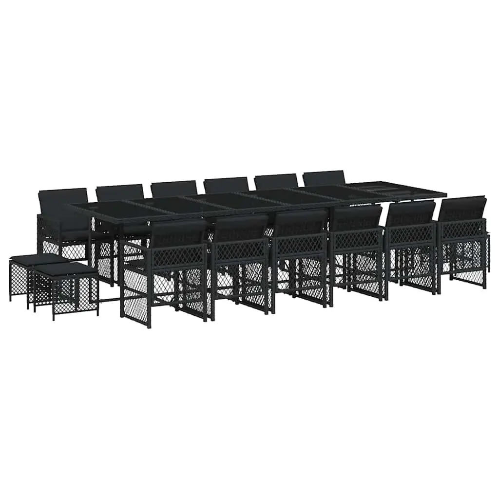 Outdoor Garden Dining Set 17 Piece Black PE Rattan Patio Furniture with Tempered Glass Tabletop and Padded Seat Cushions