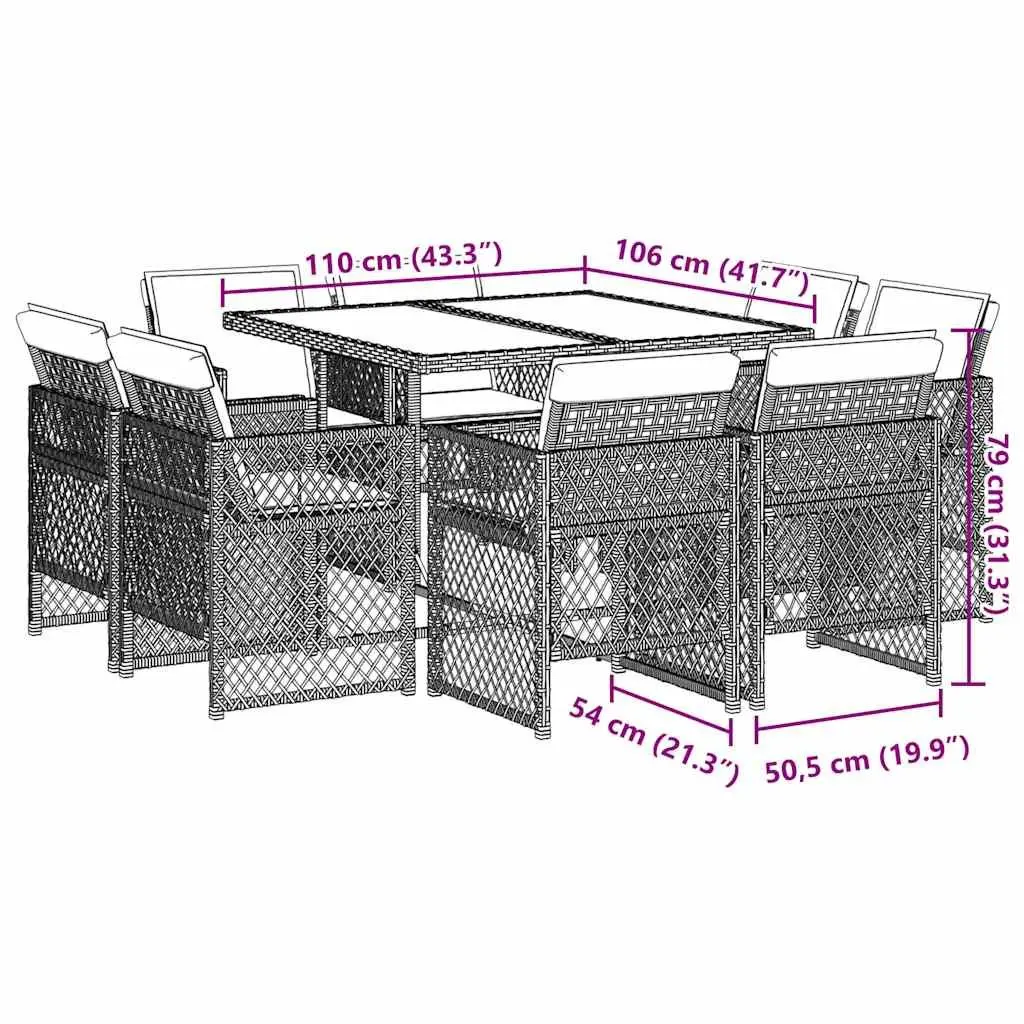 Outdoor Dining Set 9 Piece Black PE Rattan Garden Furniture Table Chairs Cushions