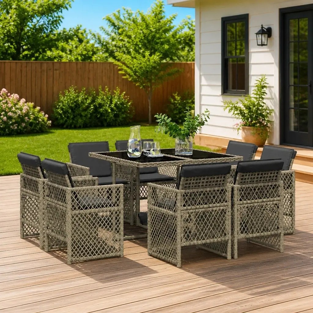 Outdoor Furniture Set 9 Piece Grey Poly Rattan Dining Chairs Table Cushions