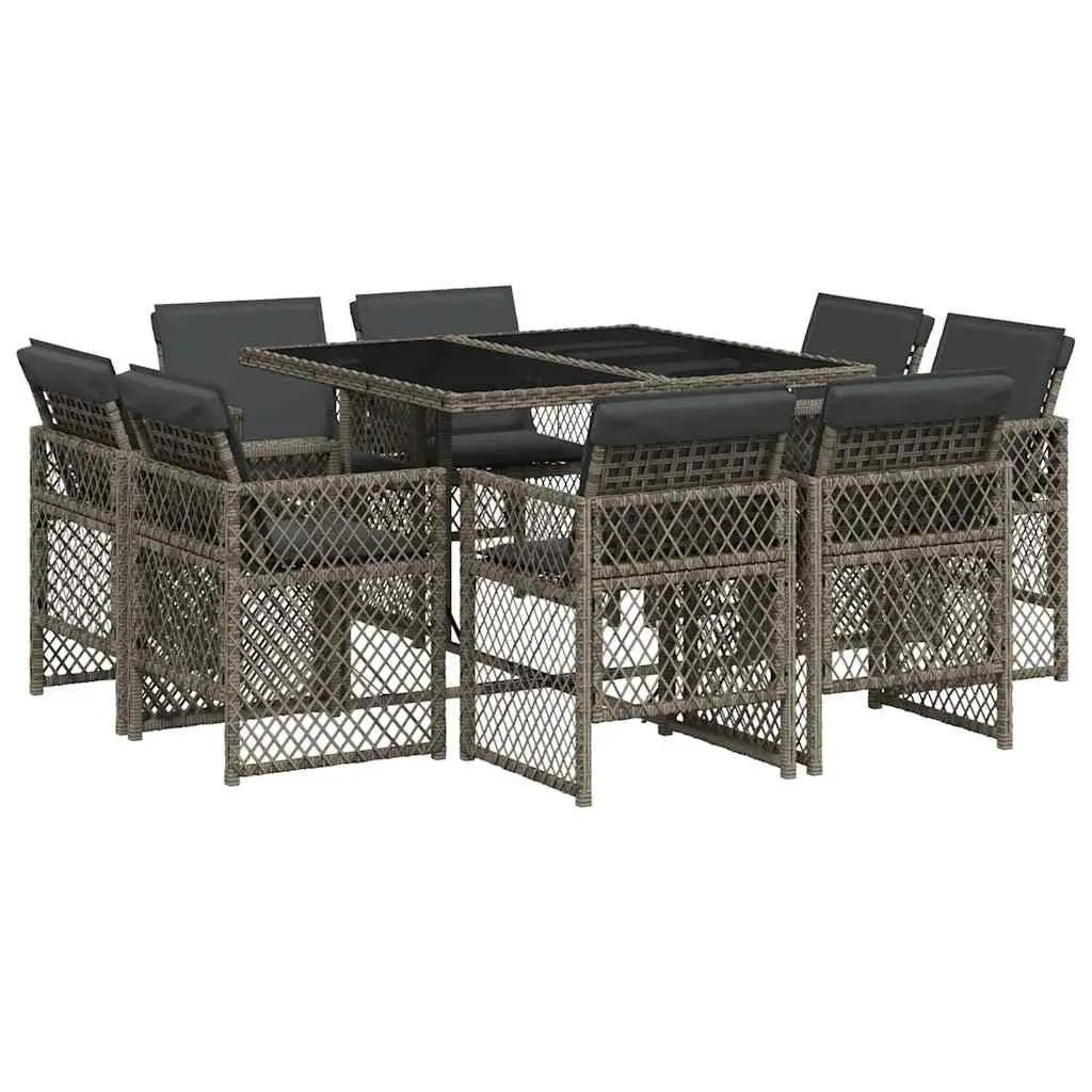 Outdoor Furniture Set 9 Piece Grey Poly Rattan Dining Chairs Table Cushions