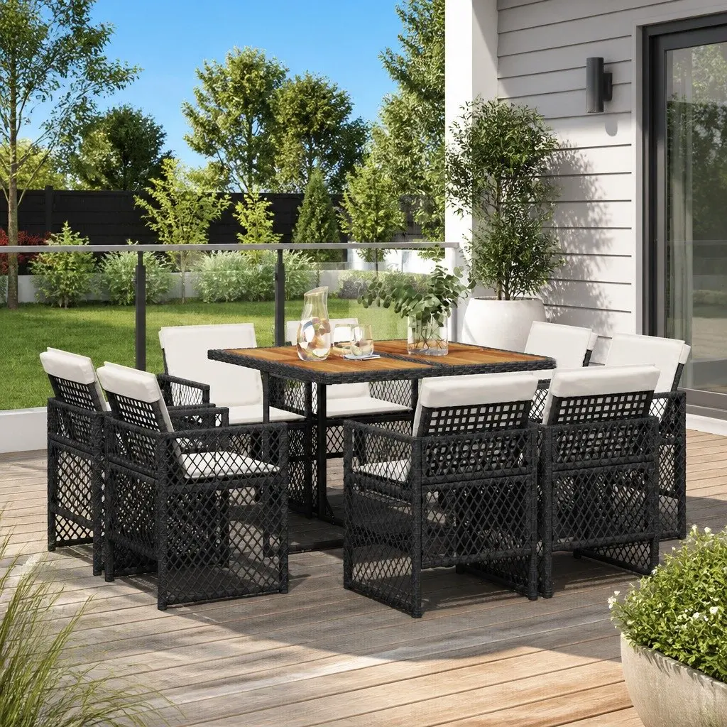 9 Piece Garden Dining Set Black PE Rattan and Acacia Wood Table with Cushions