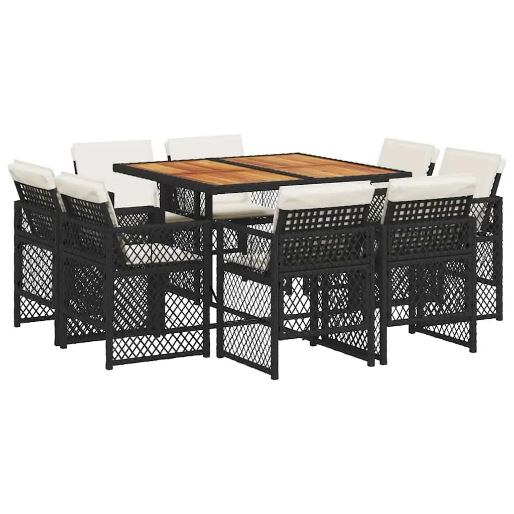 9 Piece Garden Dining Set Black PE Rattan and Acacia Wood Table with Cushions