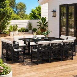 11 Piece Outdoor Garden Dining Set Black Poly Rattan Chairs Table Cushions