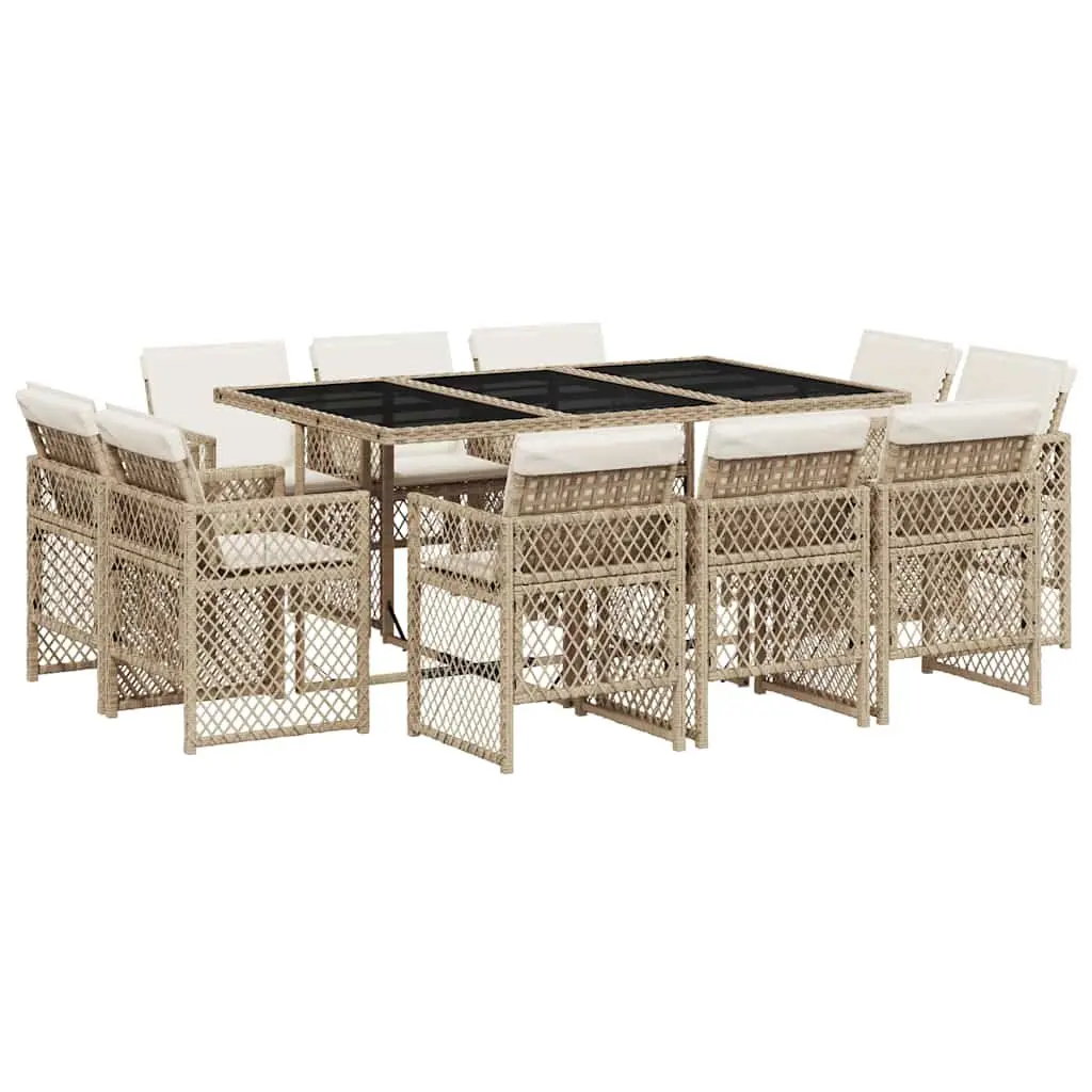 Outdoor Dining Set 11 Piece Beige Poly Rattan Furniture with Cushions and Tempered Glass Table