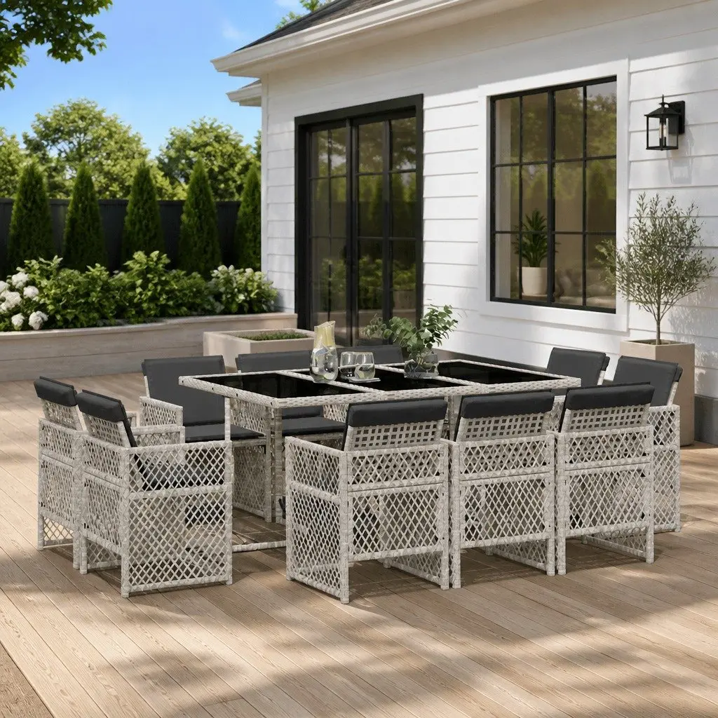 Garden Dining Set 11 Piece Grey Poly Rattan Outdoor Patio Furniture with