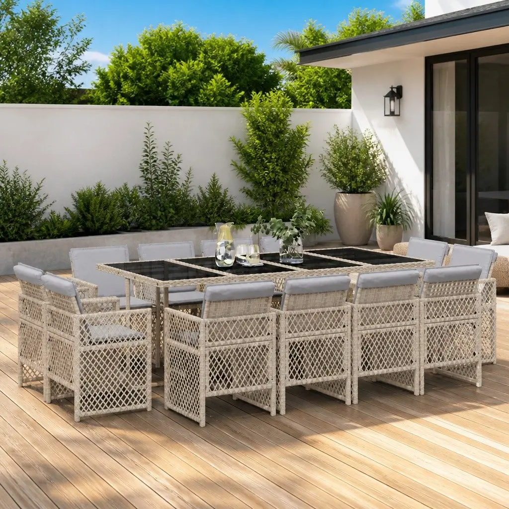 Outdoor Garden Dining Set Beige Poly Rattan 13 Piece Furniture with Cushions