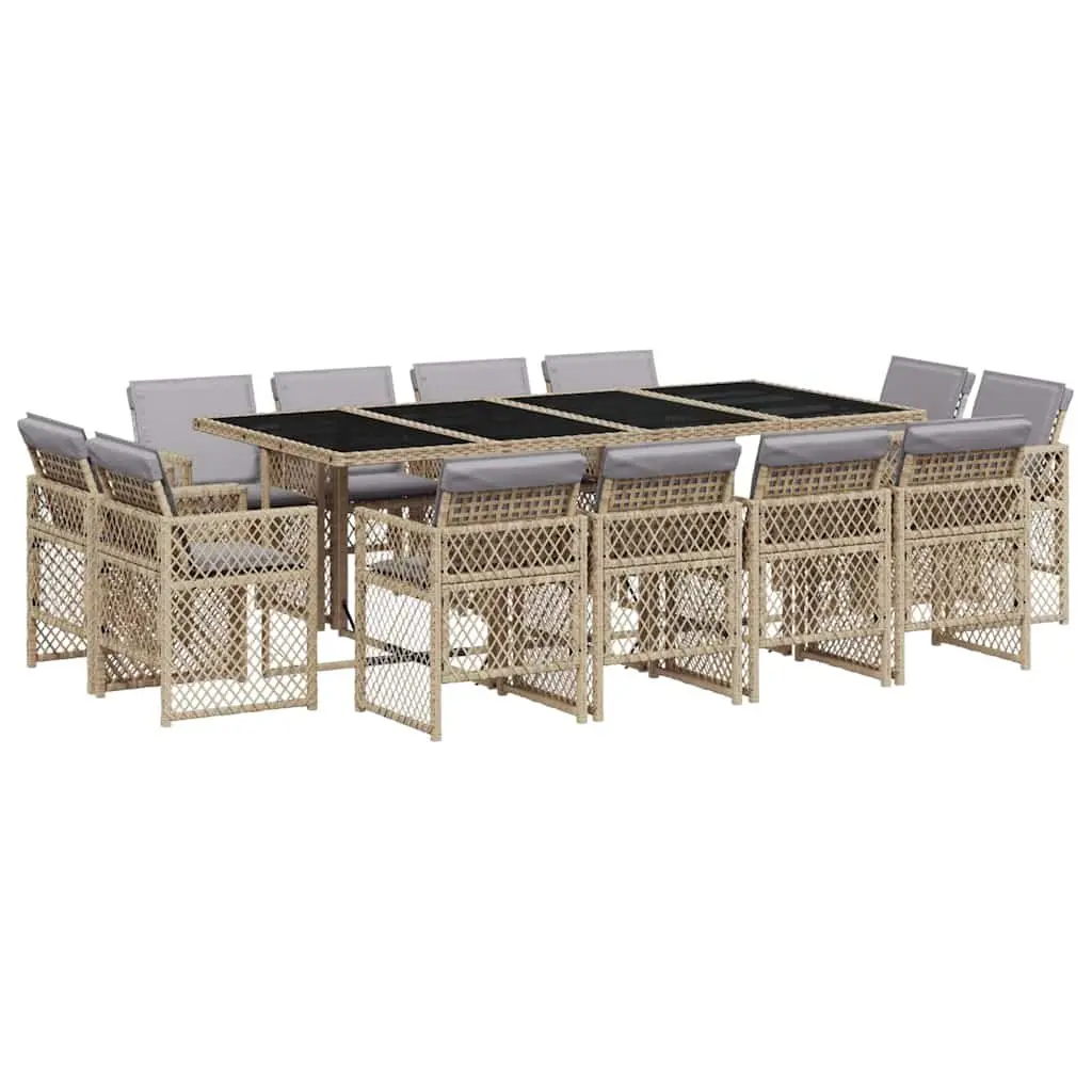 Outdoor Garden Dining Set Beige Poly Rattan 13 Piece Furniture with Cushions