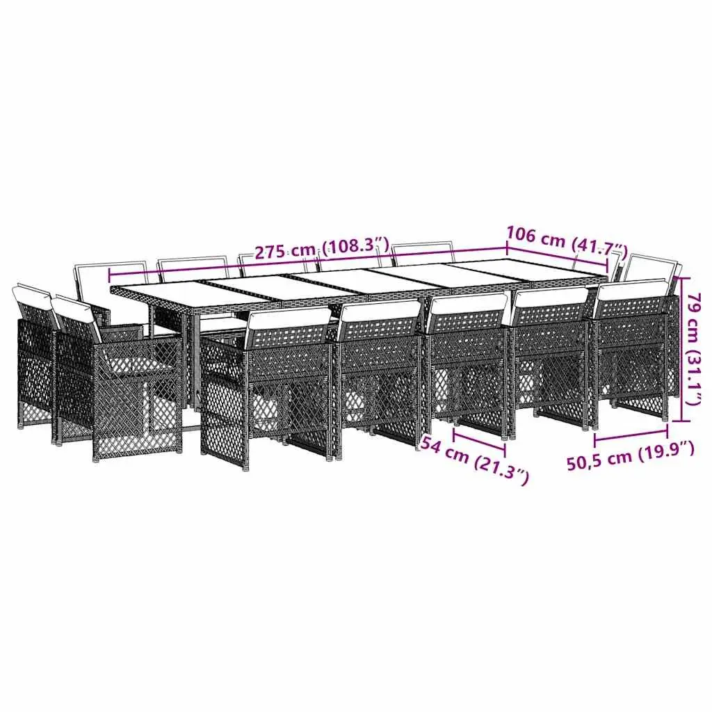Outdoor Furniture Set 15 Piece Black Garden Dining Set with Cushions and Tempered Glass Table