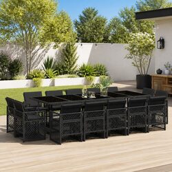 Outdoor Garden Dining Set 15 Piece Black Poly Rattan Chairs Table Cushions Patio